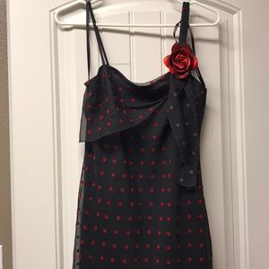 Long red & blue polka dot dress